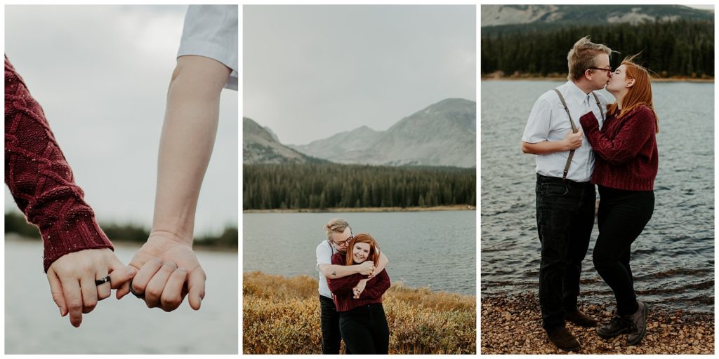 Engagement rings, couple snuggles, and kissed at Brainard Lake