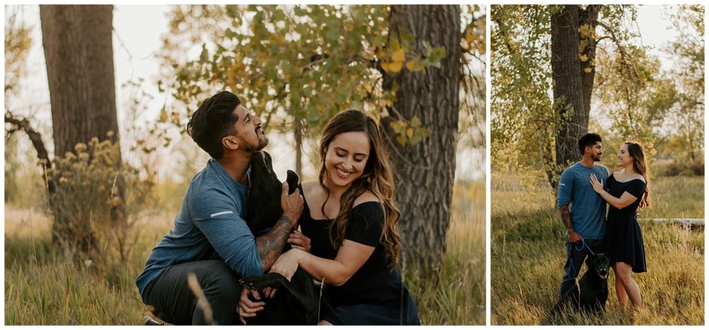 Couple enjoys their dog's company during their Fort Collins engagement session