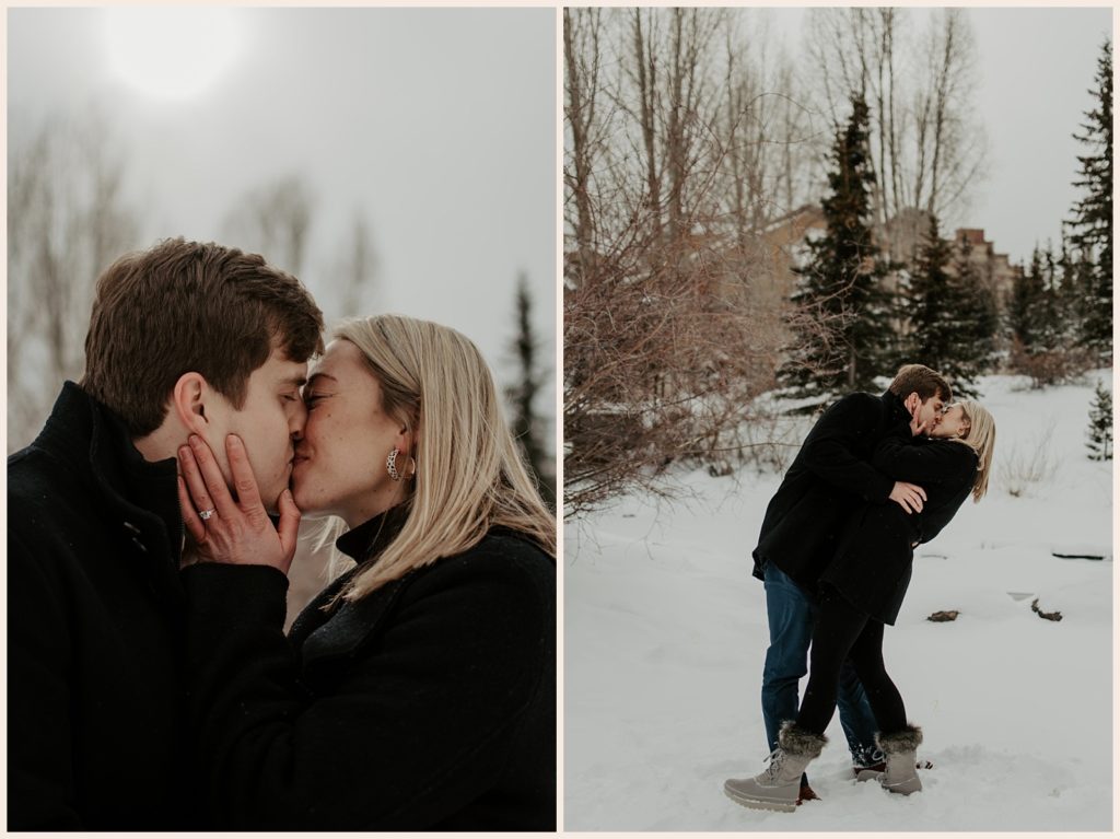 Colorado couple kisses in the snow