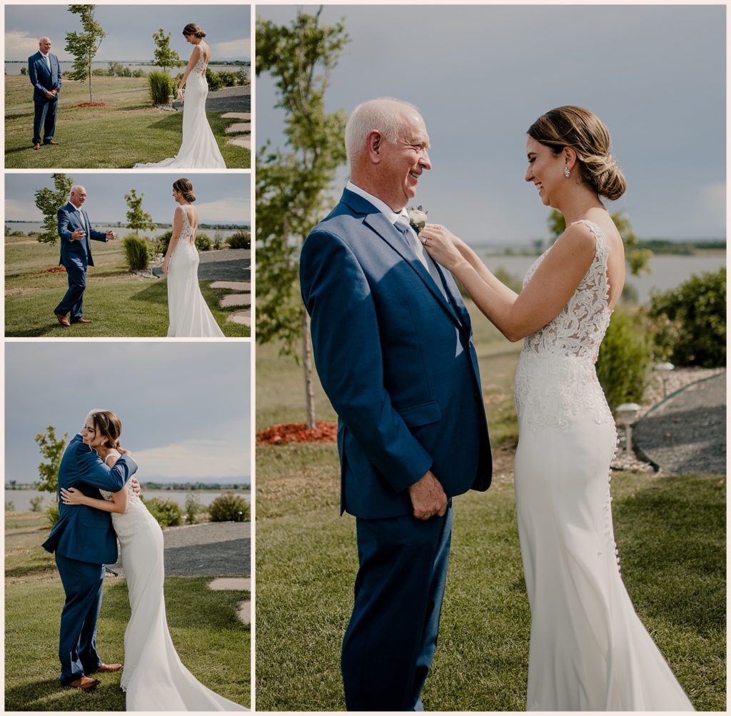 Dad and daughter first look at backyard wedding in Colorado