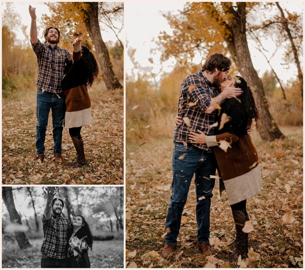 Couple throws leaves to create fun fall engagement photos at Sweetheart Winery
