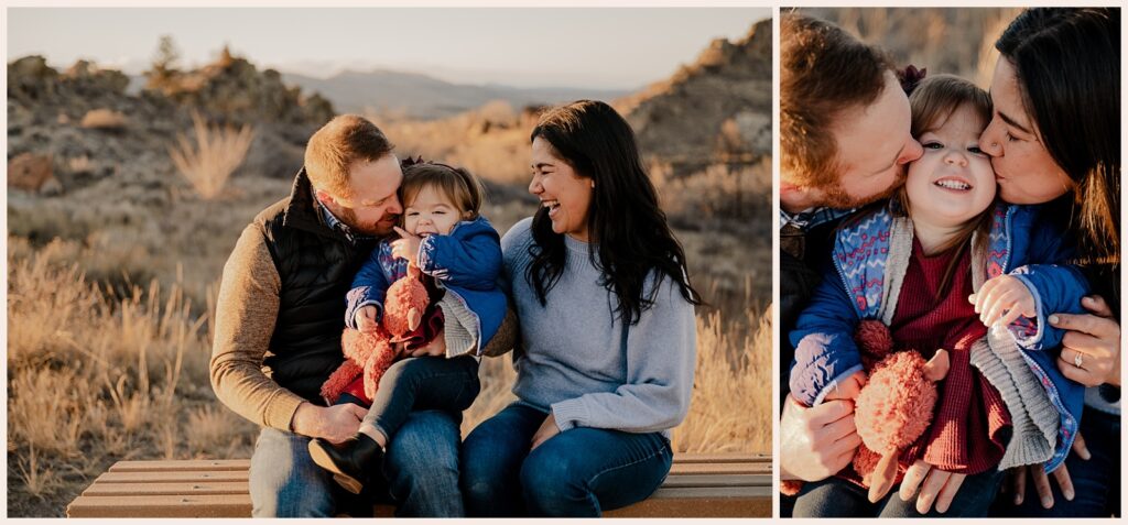 Daughter gets tickles and kisses from parents while looking at the family photographer in Northern Colorado
