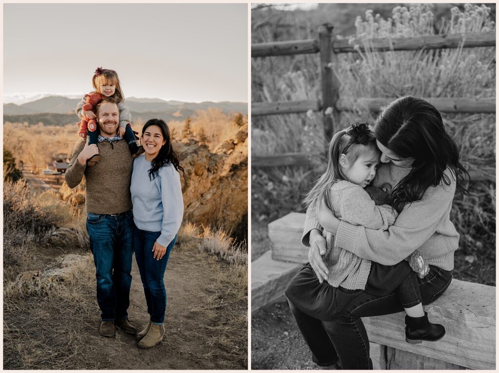Daughter cuddles her parents while Northern Colorado family photographer take photos